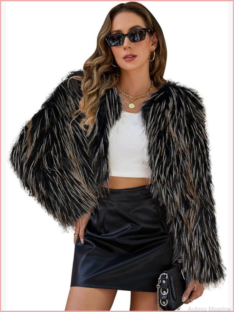 Womens Faux Fur Cropped Jacket Fuzzy Long Sleeve Open Front Winter Cardigan